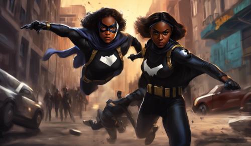 Draw a teenage female black super hero fighting crime.