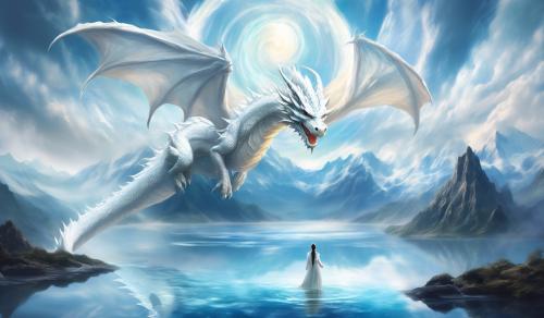 White dragon over water with Mountains around 