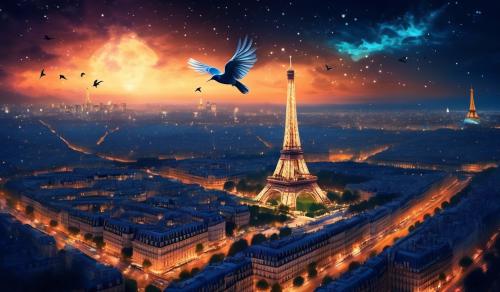 a bird flying across a large city of paris around Eiffel tower at night with a bright photo