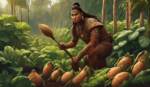 Māori warrior in the garden harvesting kumara and holding a tool