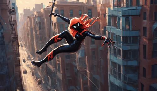 Gwen staci in her spider suit swinging from a building in the city