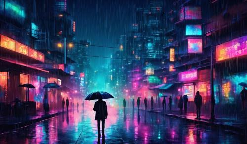 A city with neon lights at night its raining and there is a person standing alone with an umbrella