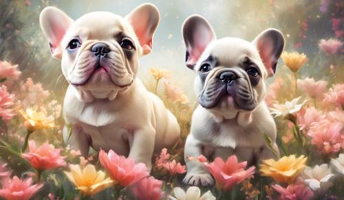 French bulldog puppies and flowers 