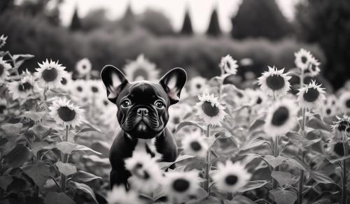 Black and white french bulldog puppy surrounded by sunflowers