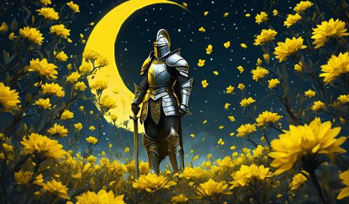 Knight surrounded by yellow flowers and a large full moon