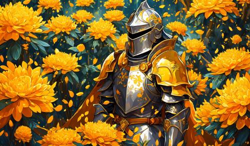 Knight surrounded by yellow and orange flowers