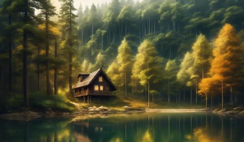 cabin in a forest next to a lake