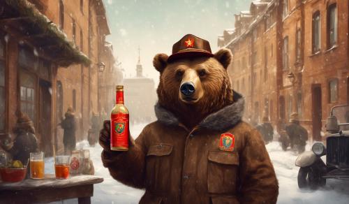 A brown bear holding a drink bottleLet him have an eared hat with the Soviet coat of arms.