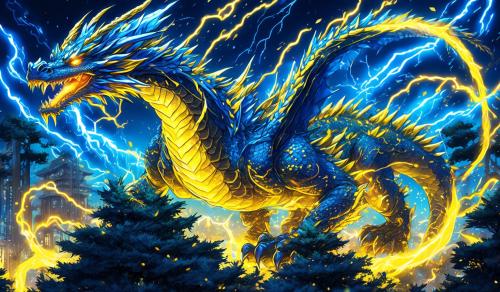 A dragon made out of blue and yellow electricity bouncing off trees