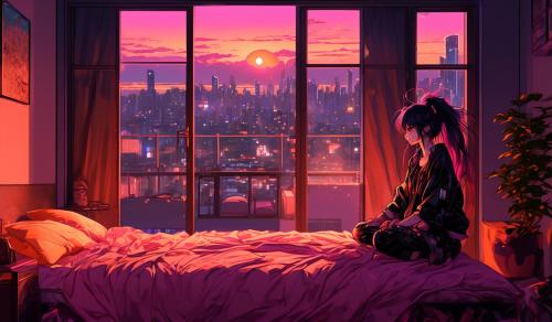 Goth girl,dressed in grung aesthetic cloths, kneeling on bed in open apartment facing east looking out her balconey glass door into an orange,pink sunet over the city skyline at 4pm in the afternoon with y2k room decor and retro 80s furniture