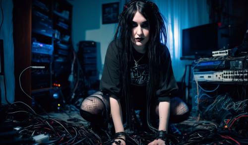 Mature goth girl kneeling on bed in appartment, computers cables and wires scattered around the room aswell as bulky desktop computers with code on them, she is front facing veiwer,close up shot, ,wearing grunge 90s clothing, pallid skirt, soft grunge makeup,