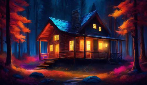 Cabin in colorful woods at night