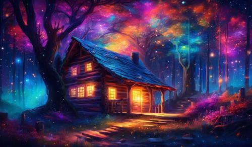 Cabin in colorful wood at night