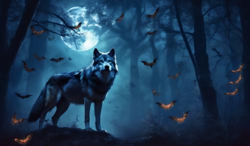 Spooky halloween wolf in dark forest with bats and full moon