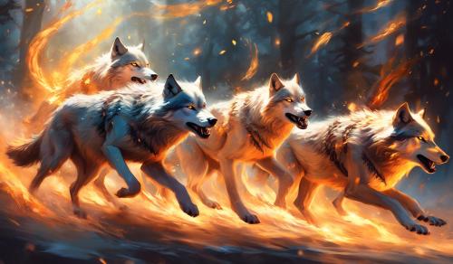 Wolves running in a pack with muscles through. Fire