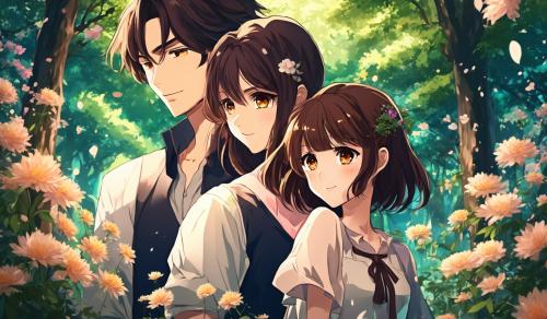 Romantic couple, tall male with dark hair, and girl with short brown shoulder length hair. Flower forest background. 