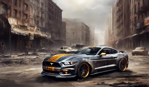 2015 ford mustang parked in an apocalyptic city