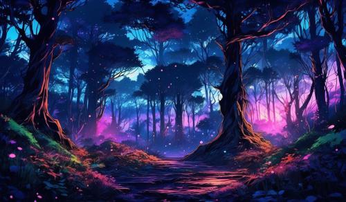 Dark forest with magical twilight 