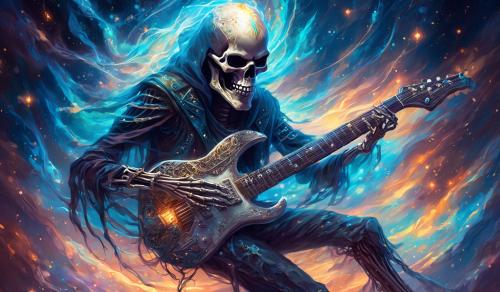 Intimidating skeleton playing electric guitar