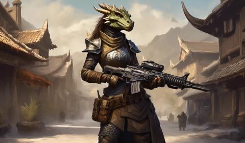 Good looking female dragonborn holding an lmg