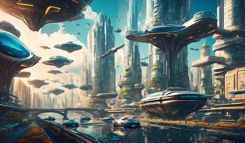 Futuristic city with flying cars