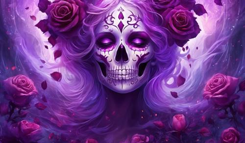 calaveras con rosas moradas