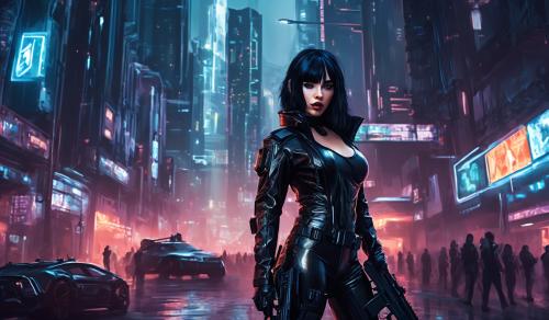 a girl with black hair, and a latex outfit in a cyber city equipped with an assault rifle