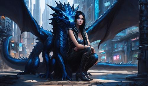 A young dragon woman in small outfit with black hair and blue eyes crouching in the middle of the cyber city