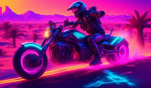 a neon mototrcycle in a race twords a desert background