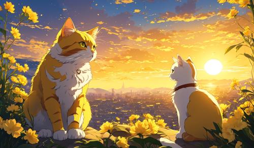 Gato amarillo con aureolá junto a un gatito blanco mirando un amanecer