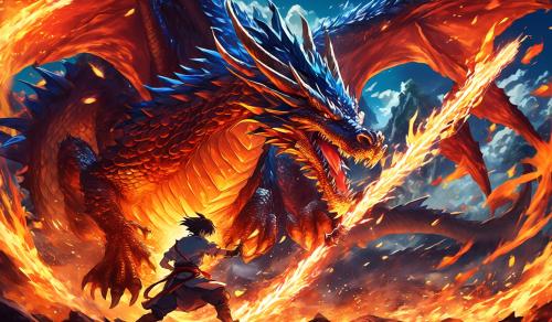 Fighting a big dragon with a fire sword