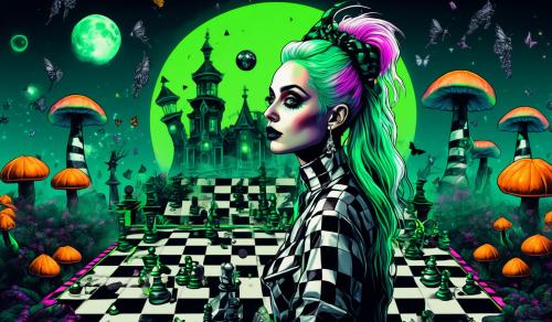 Beetlejuice woman with green hair on wind portret, black and white chess board, big visual moon, colourful mushrooms, liquid, psychedelic, Halloween, candy, butterflies, bubbles, spooky, dreamy, trippy, pumpkins, graveyard. 