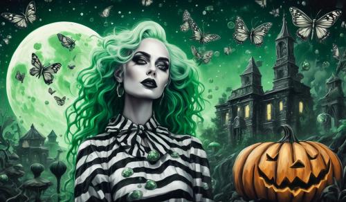 beetlejuice woman portrait with green hair on wind, black and white board, psychedelic mushrooms, big visual moon, bubbles, liquid, trip, butterflies, pumpkins, graveyard, 