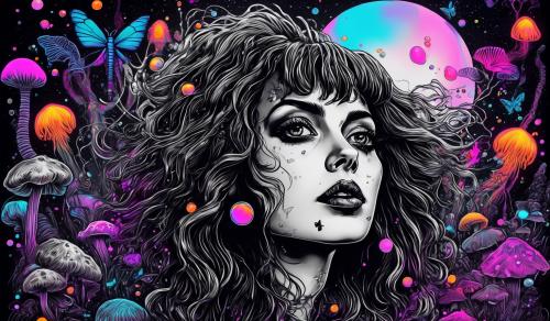 beetlejuice woman portrait with hair on wind, black and white board, psychedelic mushrooms, big visual moon, bubbles, liquid, trip, butterflies, pumpkins, colourful mushrooms, 