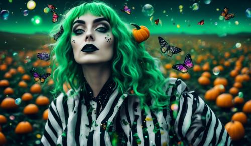 beetlejuice woman portrait with green hair on wind, face with visuals, black and white road, psychedelic mushrooms, big visual moon, bubbles, liquid, trip, butterflies, pumpkins, colourful mushrooms, 