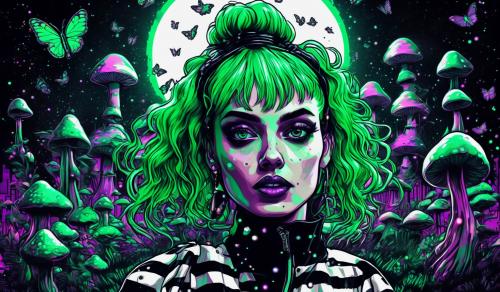 beetlejuice woman portrait with green hair on wind, face with visuals black and white, black and white road, psychedelic mushrooms, big visual moon, bubbles, liquid, trip, butterflies, pumpkins, colourful mushrooms, Halloween 