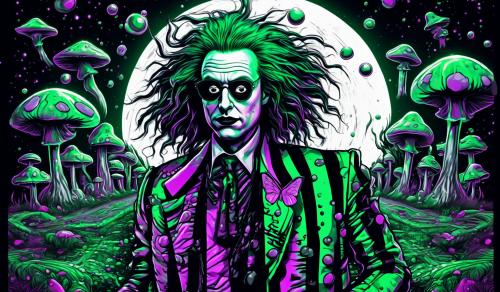 beetlejuice portrait with green hair on wind, face with visuals black and white, black and white road,  psychedelic mushrooms, big visual moon, bubbles, liquid, trip, butterflies, pumpkins, colourful mushrooms, Halloween, spooky, cemetery 