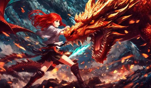 Redhead ecchi girl fighting a dragon