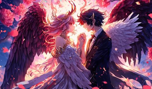 Angel/demon man with hybrid woman love mix