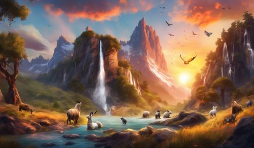 Mountain waterfall sunset animals nature