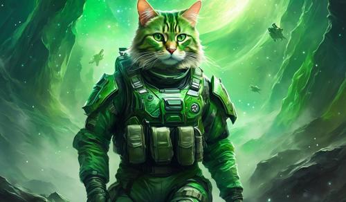 Green tabby cat in tactical gear