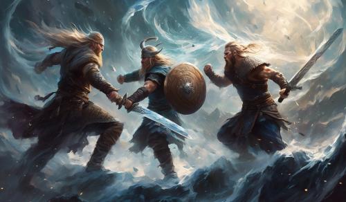 2 vikings fighting with swords