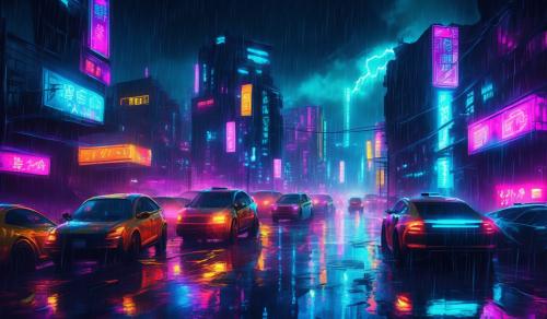 Neon Cyberpunk City on a stormy rainy night