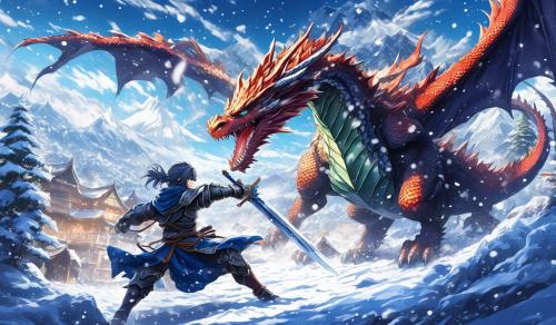 Knight fighting dragon in snow