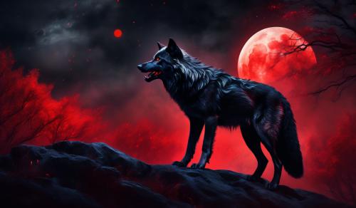 Black wolf with red eyes howling at a red moon