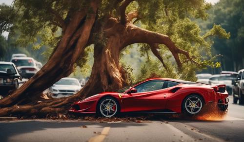 A Ferrari crashing to huge tree in a highway