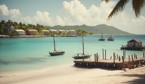 A nice caribean beach scenery with some old time buildings, a dock and old sailboats on the sea