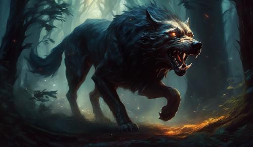 furious hellhound in a forest crawling towards you with bared teeth