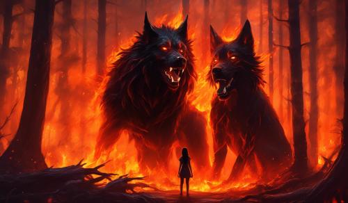 in a burning forest a hellhound is holding his arms around the beautiful young human girl that he loves, protecting her from the fire raging around them