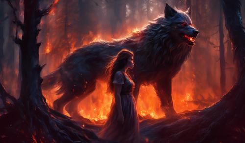 angry werewolf embracing a beautiful young human girl protecting her in the middle of a burning forest against the vampires